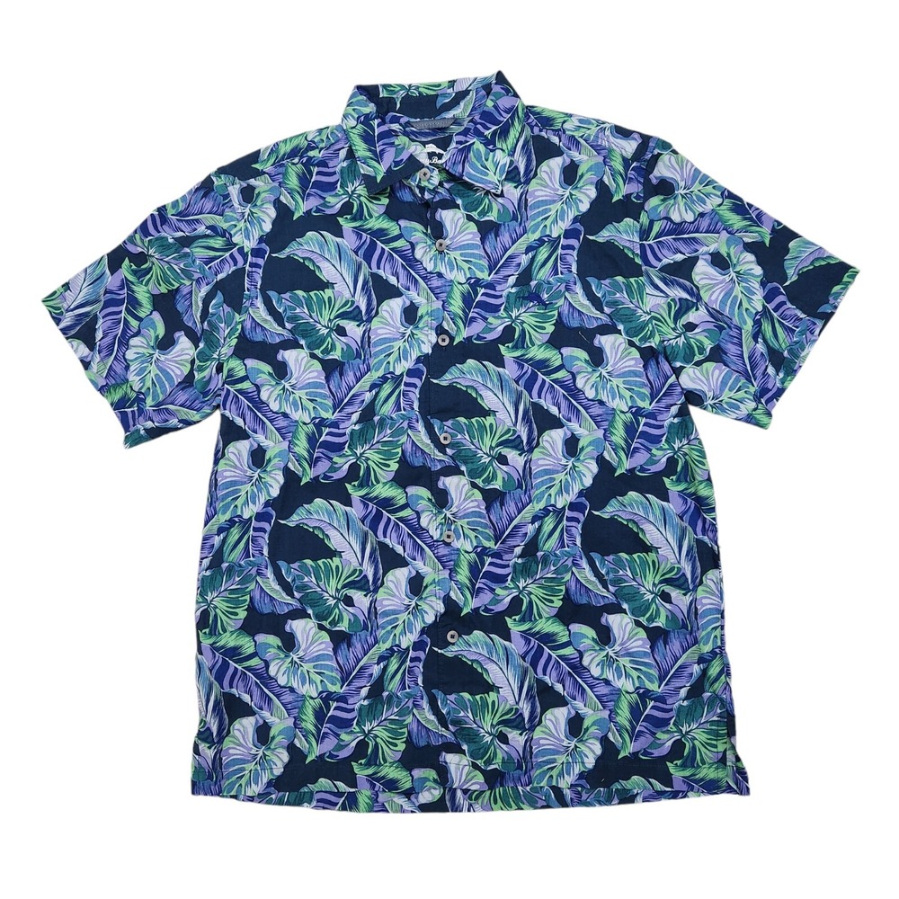Tommy Bahama Shirt Men L Blue Floral Old School Hawaiian Button up Short Sleeve